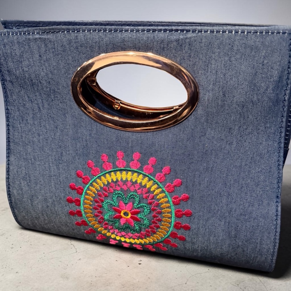 P.K. Embroidered Denim Clutch Handbag with Gold-Tone Handle - Blue